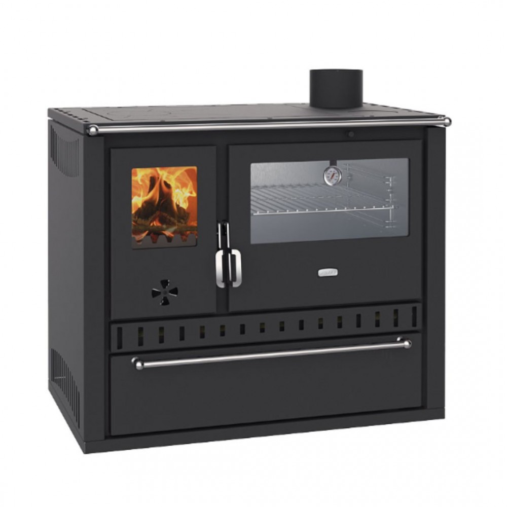 Fogão a lenha com caldeira traseira Prity GT W10, com forno de aço inoxidável, placa de aço e gaveta, 13,3 kW |  |  |