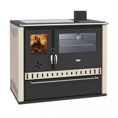 Fogão a lenha com caldeira traseira Prity GT W10 Ivory, com forno em aço inoxidável, placa de vitrocerâmica e gaveta, 9.6kW - Produtos para comparar