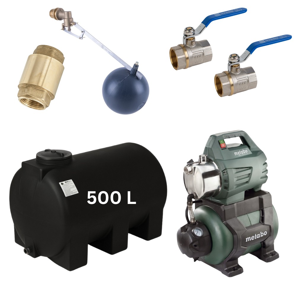 Kit “Água potável 500L” #2 com depósito para água Mavil (preto, horizontal) e bomba hidrofórica Metabo | Depósitos para água potável |  |