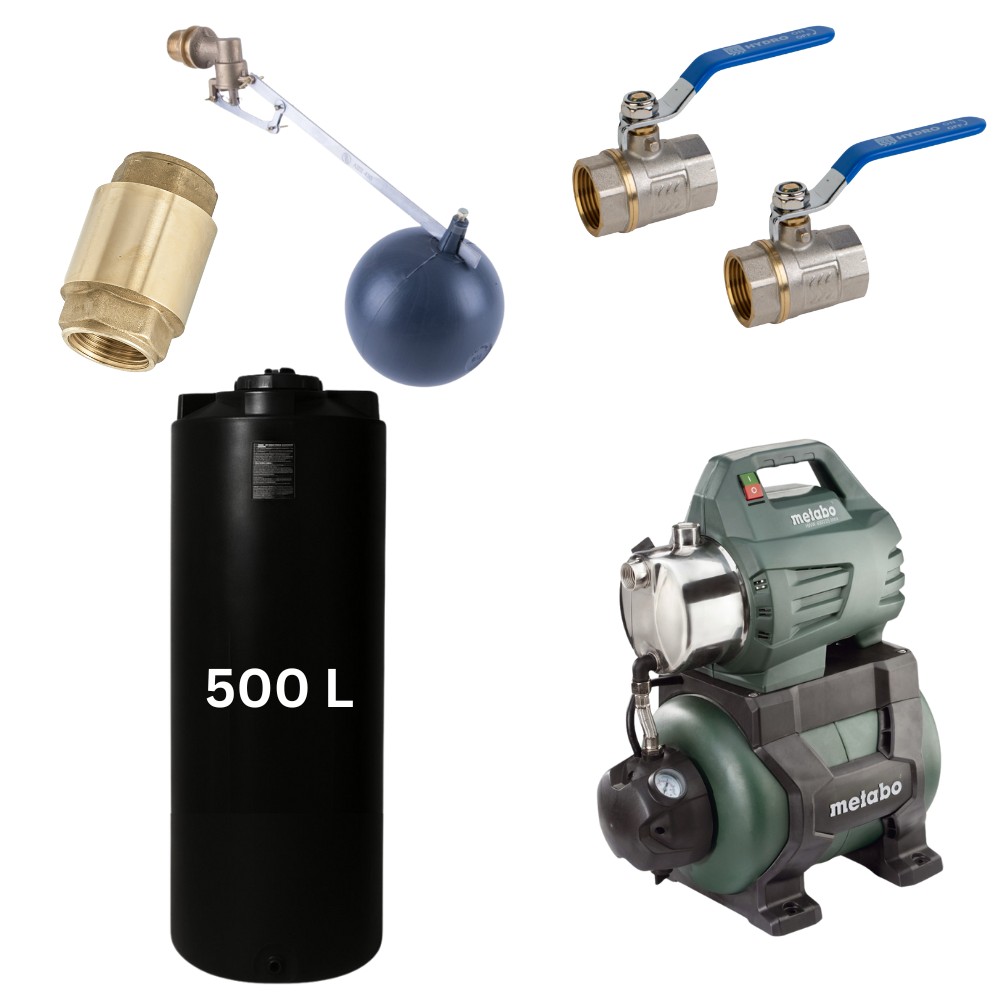 Kit “Água potável 500L” com depósito para água Mavil (preto, cilíndrico) e bomba hidrofórica Metabo | Depósitos para água potável |  |