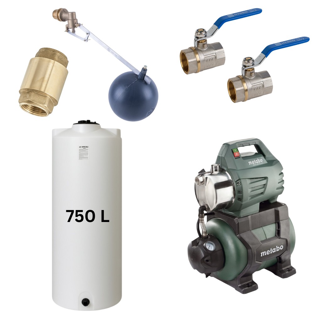 Kit "Água Potável 750L" com depósito para água Mavil (branco, cilíndrico) e bomba hidrofórica Metabo | Depósitos para água potável |  |