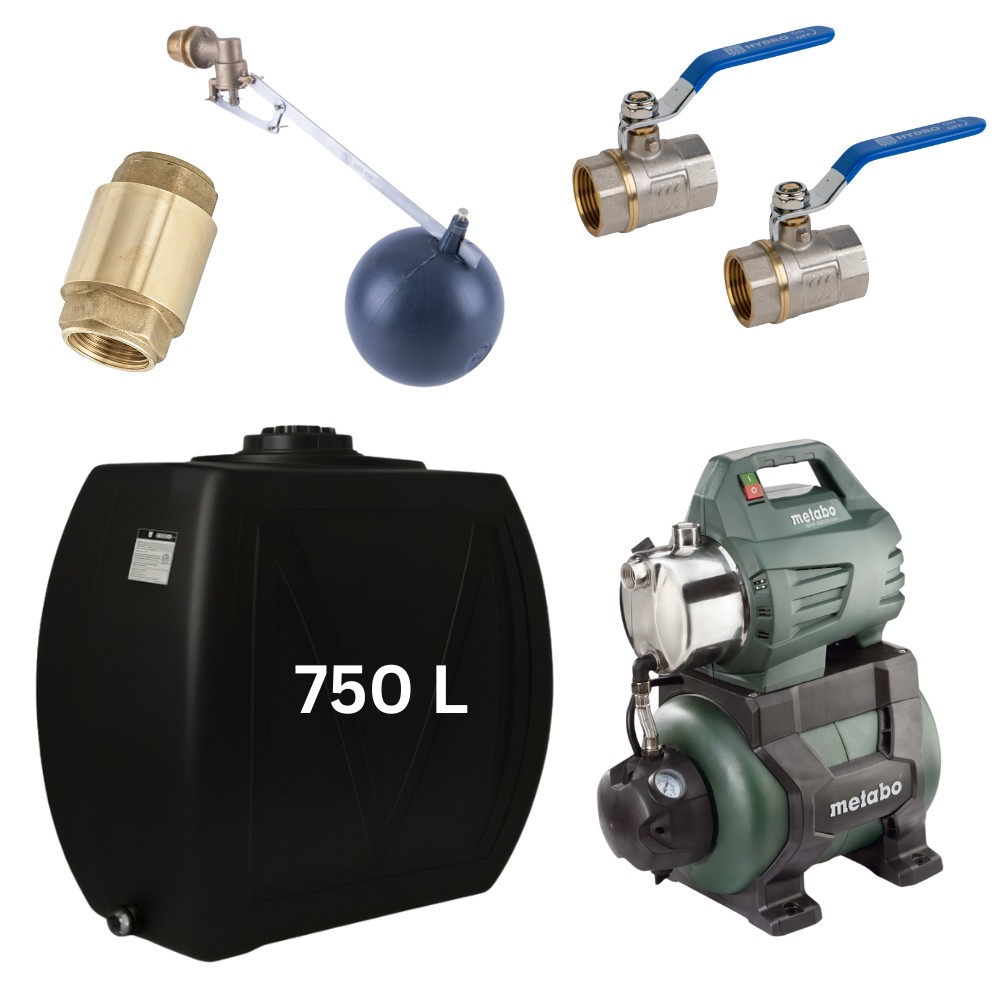 Kit “Água potável 750L” com depósito para água Narrow Mavil (preto) e bomba hidrofórica Metabo | Depósitos para água potável |  |