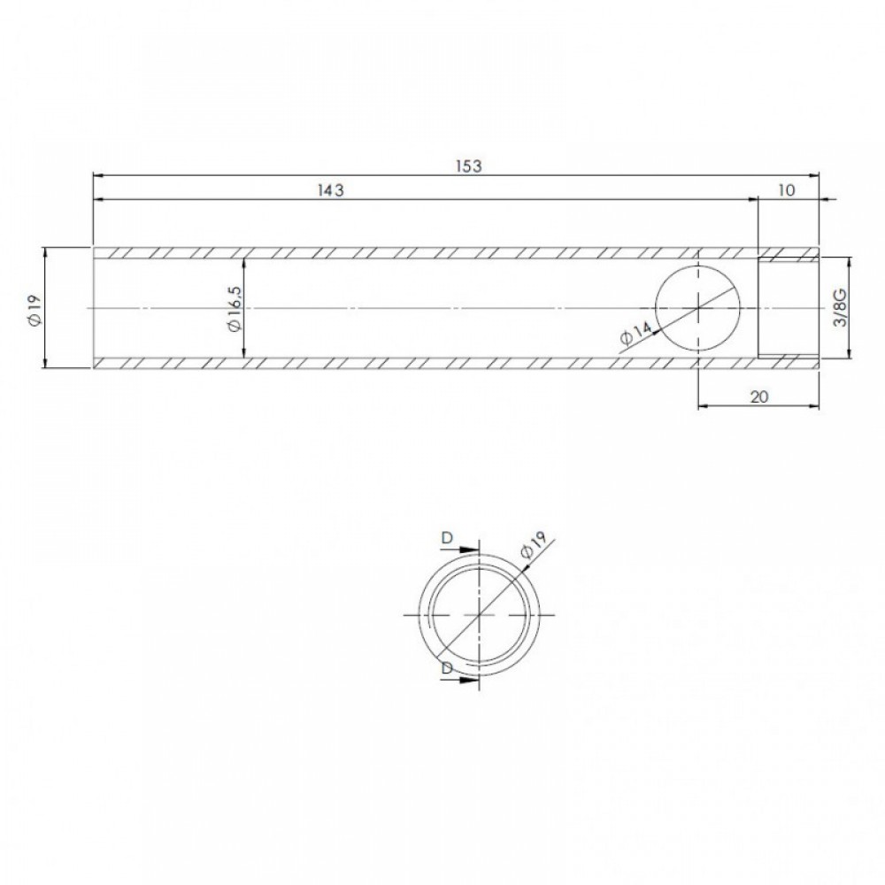 Tubo para resistência de salamandra a pellets, diâmetro 19 mm, comprimento 153 mm, rosca 3/8" | Resistências para salamandrs a pellets | Peças de salamandra a pellets |