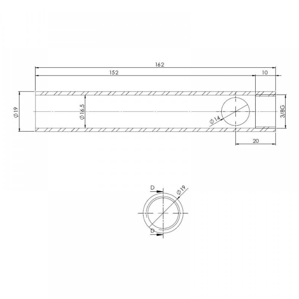 Tubo para resistência de salamandra a pellets, diâmetro 19 mm, comprimento 162 mm, rosca 3/8" | Resistências para salamandrs a pellets | Peças de salamandra a pellets |