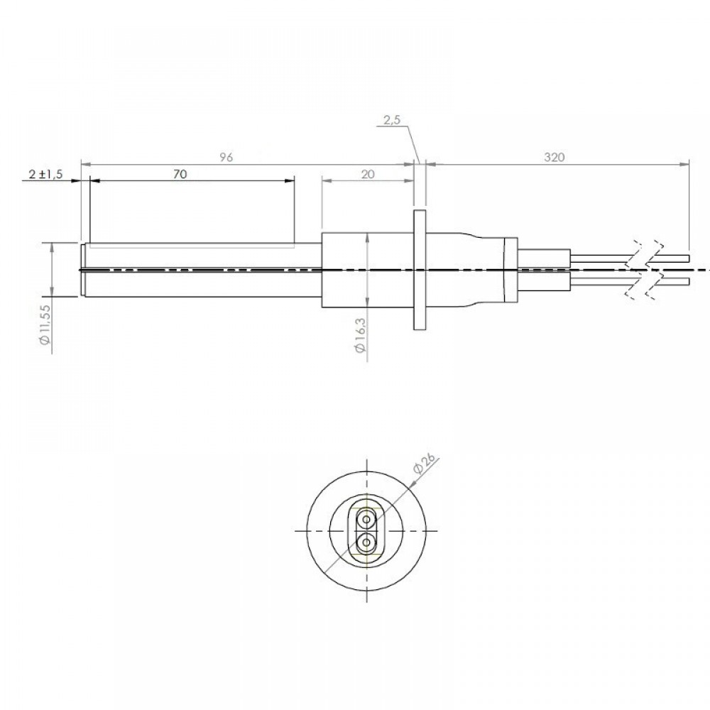 Resistência cerâmica para salamandra a pellets MCZ, RED e outras, comprimento total 107 mm, 315W | Resistências para salamandrs a pellets | Peças de salamandra a pellets |