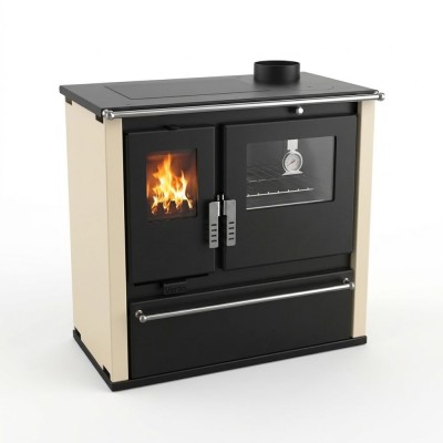 Fogão à lenha Verso CS Plus com forno em aço inoxidável e placa em aço, Marfim, Direita, 7.7kW - Verso