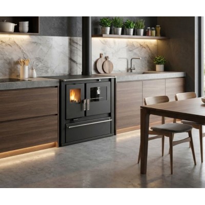 Fogão à lenha Verso CS Plus com forno em aço inoxidável e placa vitrocerâmica, Preto, Direita, 7.7kW - Verso