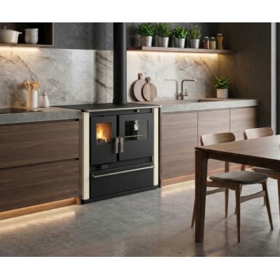 Fogão à lenha Verso CS Plus com forno em aço e placa em aço, Marfim, Direita, 7.7kW - Verso