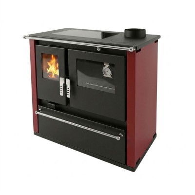 Fogão à lenha Verso CS Plus com forno em aço inoxidável e placa vitrocerâmica, Vermelho, Direita, 7.7kW - Verso