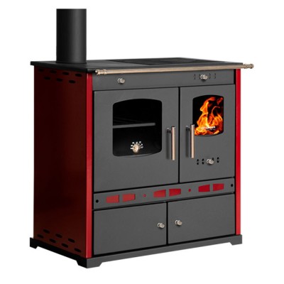 Salamandras a lenha com forno Prometey Perfect Eco Lux com saída de fumos à esquerda, cor bordô, 7,5 kW - Salamandras a lenha com forno
