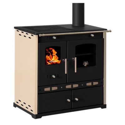 Salamandras a lenha com forno Prometey Perfect Eco Lux com saída de fumos à direita, cor marfim, 7,5 kW - Salamandras a lenha com forno