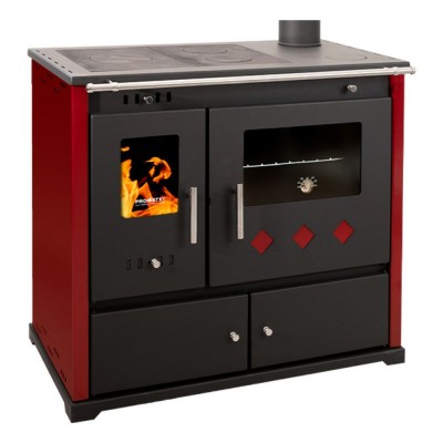 Salamandras a lenha com forno Prometey Perfect Practik Lux com saída de fumos à direita, cor bordô, 9,5 kW - Salamandras a lenha com forno