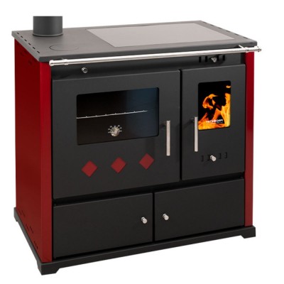 Salamandras a lenha com forno Prometey Perfect Practik Lux com placa de cerâmica, saída de fumos à esquerda, cor bordô, 9,5 kW - Salamandras a lenha com forno