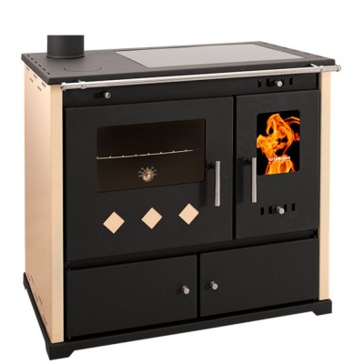 Salamandras a lenha com forno Prometey Perfect Practik Lux com placa de cerâmica, saída de fumos à esquerda, cor marfim, 9,5 kW - Salamandras a lenha com forno