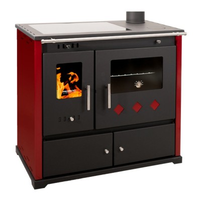 Salamandras a lenha com forno Prometey Perfect Practik Lux com placa de cerâmica, saída de fumos à direita, cor bordô, 9,5 kW - Salamandras a lenha com forno