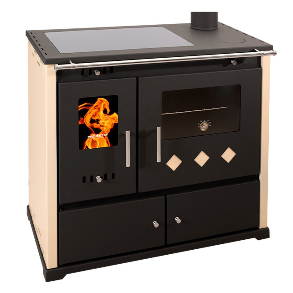 Salamandras a lenha com forno Prometey Perfect Practik Lux com placa de cerâmica, saída de fumos à direita, cor marfim, 9,5 kW |  |  |