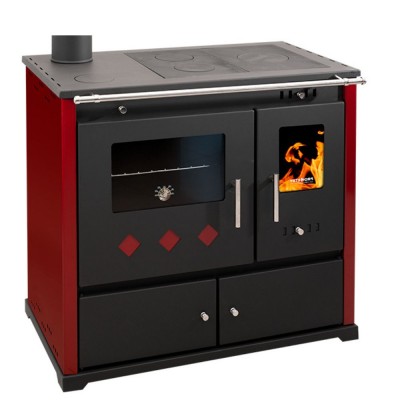 Salamandras a lenha com forno Prometey Perfect Practik Lux com saída de fumos à esquerda, cor bordô, 9,5 kW - Salamandras a lenha com forno