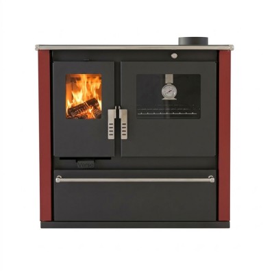 Fogão à lenha Verso CS Plus com forno em aço inoxidável e placa vitrocerâmica, Vermelho, Direita, 7.7kW - Verso
