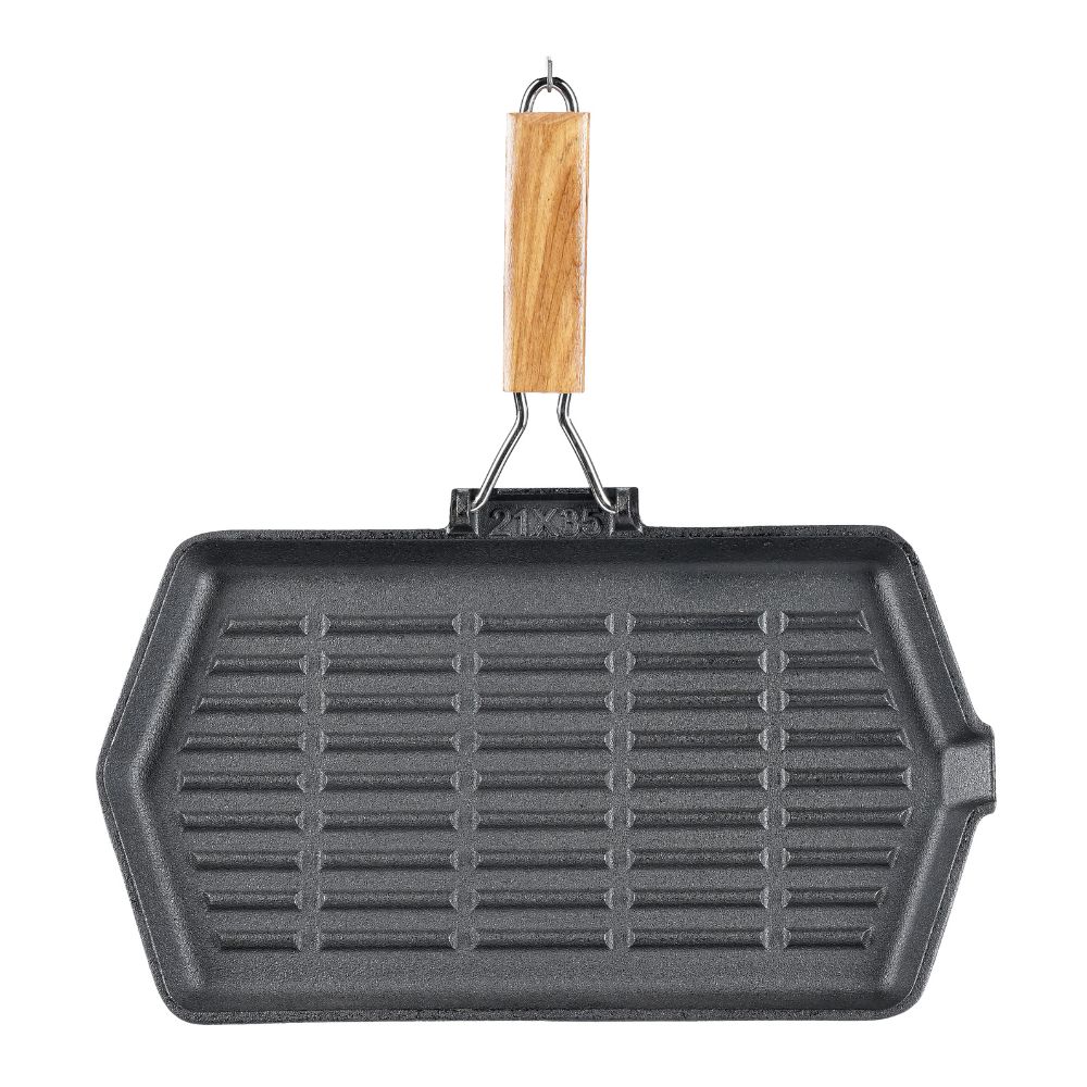 Frigideira grelhadora de ferro fundido com cabo de madeira dobrável, 35x21 cm |  |  |