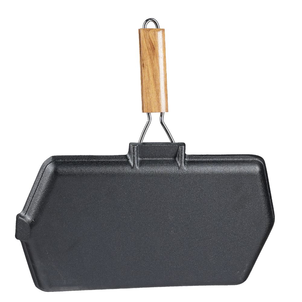 Frigideira grelhadora de ferro fundido com cabo de madeira dobrável, 35x21 cm |  |  |