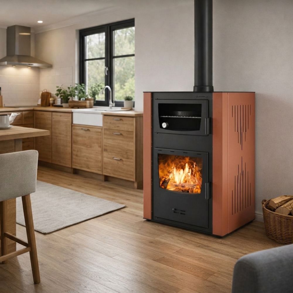 Salamandra a lenha para aquecimento central com forno Velmora Fire ATS HYDRO ΜΑSΙΝΑ 90-30 terracota, 35kW | Salamandras a lenha para aquecimento central | Salamandras a lenha |