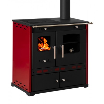 Salamandras a lenha com forno Prometey Perfect Eco Lux com saída de fumos à direita, cor bordô, 7.1 kW - Salamandras a lenha com forno