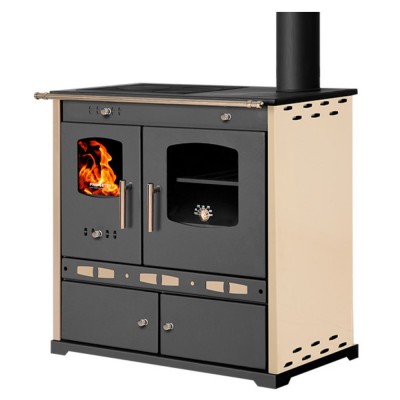 Salamandras a lenha com forno Prometey Perfect Eco Lux com saída de fumos à direita, cor marfim, 7.1 kW - Salamandras a lenha com forno
