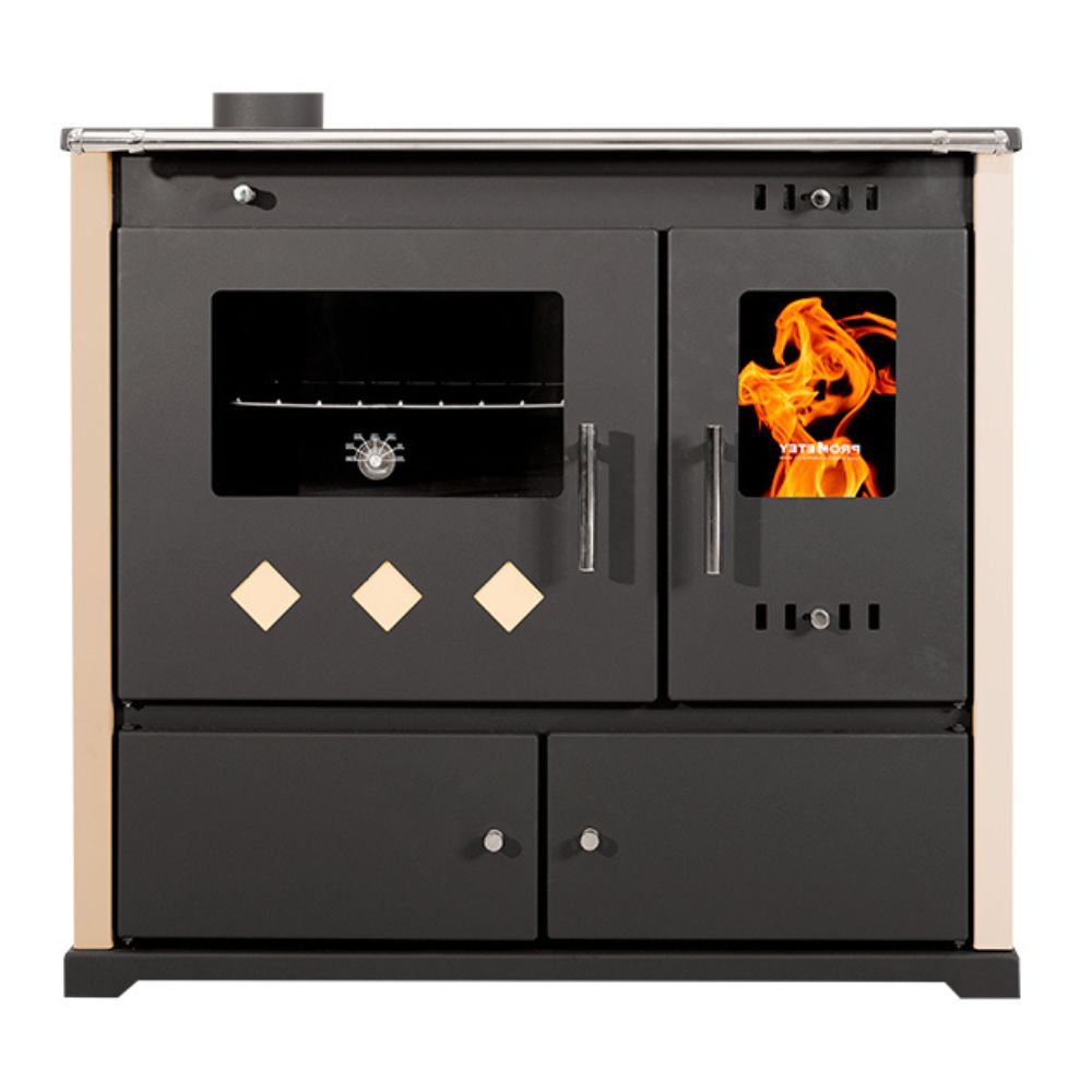 Salamandras a lenha com forno Prometey Perfect Practik Lux com placa de cerâmica, saída de fumos à esquerda, cor marfim, 9,5 kW |  |  |