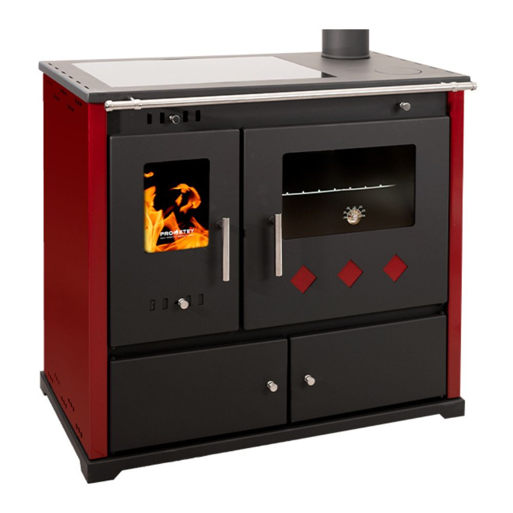 Salamandras a lenha com forno Prometey Perfect Practik Lux com placa de cerâmica, saída de fumos à direita, cor bordô, 9,5 kW |  |  |
