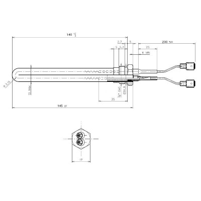 Resistência para salamandra a pellets Palladio e outros, comprimento total 145mm, 250W - Resistências para salamandrs a pellets