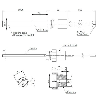Resistência para salamandra a pellets com cristal de quartzo preto para Karmek One, La Nordica e outros, comprimento total 126mm, 300W - Resistências para salamandrs a pellets