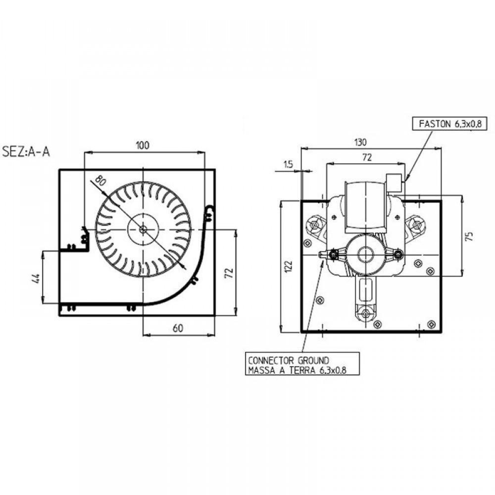 Ventilador tangencial com Ø80 mm, Vazão 250 m³/h | Ventiladores e sopradores | Peças de salamandra a pellets |